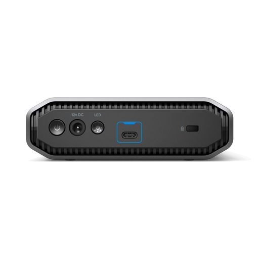 Back view of a gray G-DRIVE external hard drive showing the power button, LED buttons and the ports