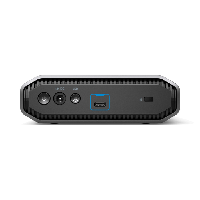 Back view of a gray G-DRIVE external hard drive showing the power button, LED buttons and the ports