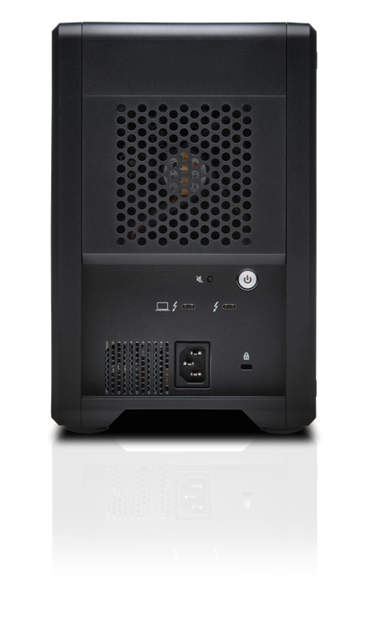 G-RAID Shuttle 4 viewed from the back with the power button, alimentation port and USB-C ports