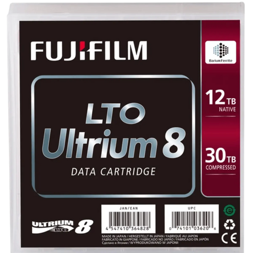 Fujifilm LTO Ultrium 8 data cartridge tape view of the front of the case