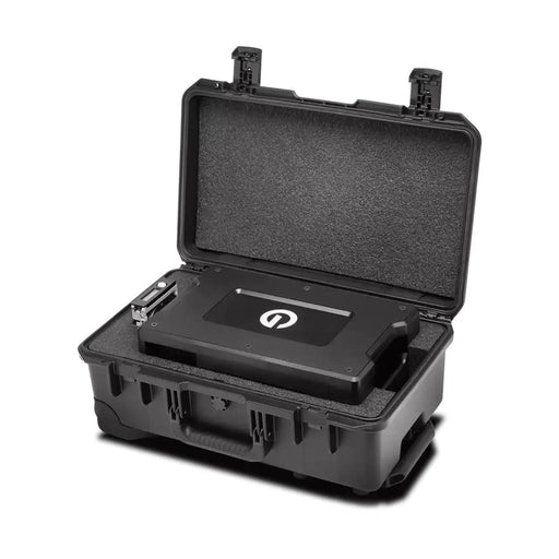 Pelican Storm iM2500 case opened with a G-RAID Shuttle 8 and a disk inside