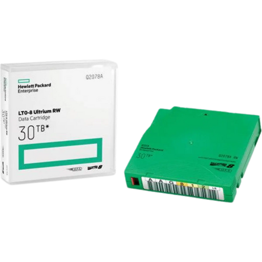 HPE LTO 8 Ultrium tape case standing on the left and tape laying on the right