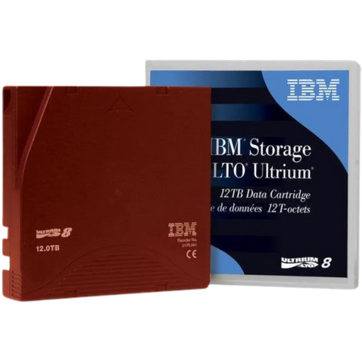IBM LTO Ultrium 8 case standing on the right and tape standing on the left in front of the case