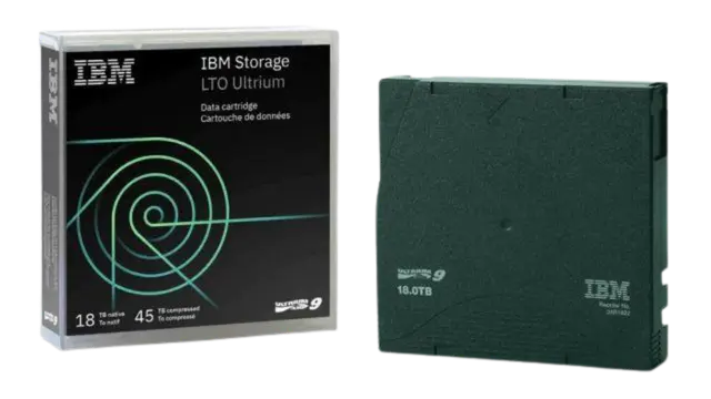 IBM Ultrium LTO 9 case standing on the left and tape standing on the right