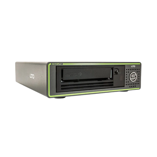 SymplyPRO SAS LTO-9 half-height desktop tape drive viewed from the front and angled to the right