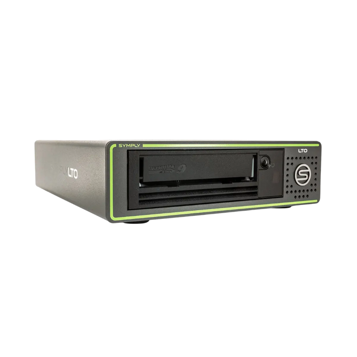 SymplyPRO SAS LTO-9 half-height desktop tape drive viewed from the front and angled to the right