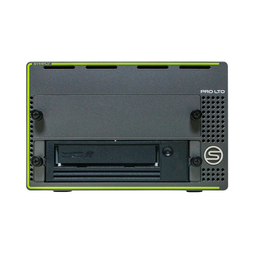 SymplyPRO XTH SAS black and green with LTO-8 tape drive in the bottom bay, viewed from the front