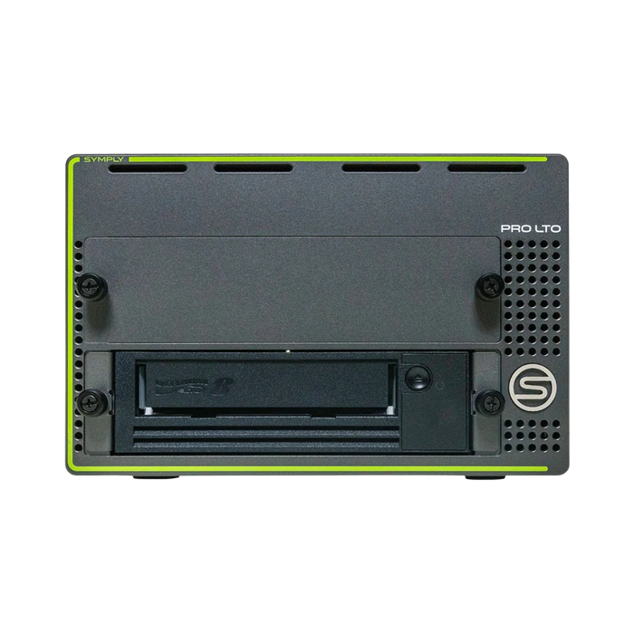 SymplyPRO XTH SAS black and green with LTO-8 tape drive in the bottom bay, viewed from the front