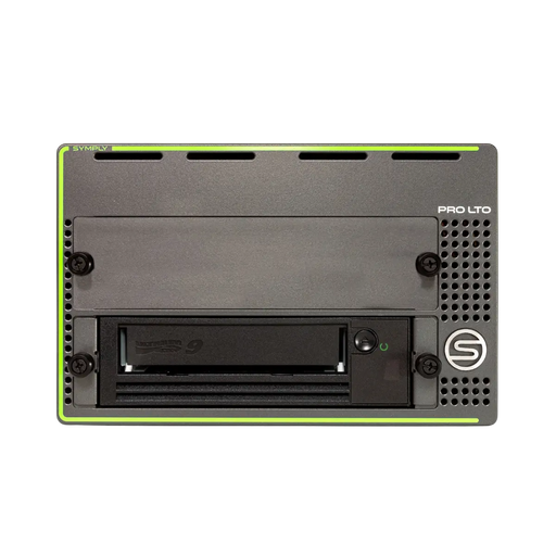 SymplyPRO XTH SAS black and green with LTO-9 tape drive in the bottom bay, viewed from the front