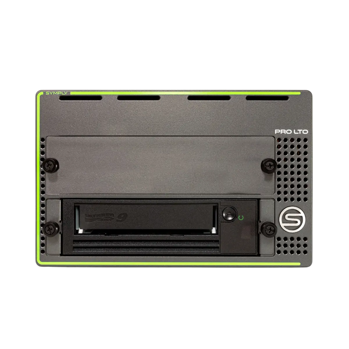 SymplyPRO XTH SAS black and green with LTO-9 tape drive in the bottom bay, viewed from the front