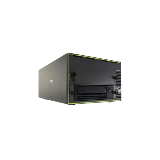 SymplyPRO XTH SAS black and green with LTO tape drive in the bottom bay, viewed from the front and angled to the right