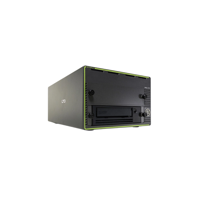 SymplyPRO XTH SAS black and green with LTO tape drive in the bottom bay, viewed from the front and angled to the right